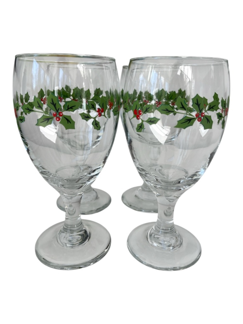 Christmas Stemmed Clear Glass Goblet Holly Berries Holiday Set of 4